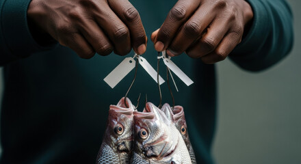 Obraz premium Close up of hands holding several freshly caught fish by hooks with blank tags attached against a muted background