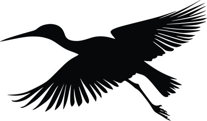 Black silhouette of a crane bird in flight, editable vector illustration, isolated on white