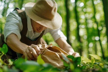 Male volunteer cleaning forest environment with eco-friendly initiative