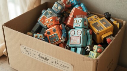 A collection of old vintage robot toys placed inside a cardboard box