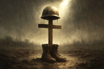 Battlefield memorial with soldier boots, helmet on wooden cross under heavy rain symbolizing war loss and remembrance
