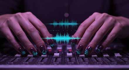 Hands of a female DJ or music producer on a mixing console with a glowing audio waveform. Stylish dark manicure with a glowing cyan design matches the sound wave. Atmospheric music production concept.