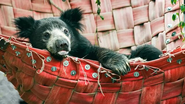 Sloth bear relaxing in red hammock at the zoo