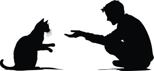 Silhouette of a man crouching, offering his hand to a cat