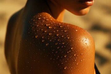Tanned female shoulder with water droplets in sunlight close-up, summer skincare and beach hydration concept