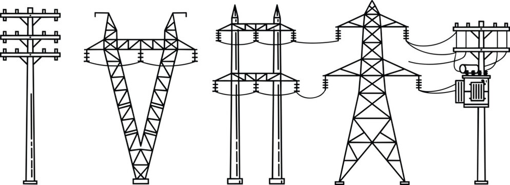 Electric utility pole and transmission tower icon set, power line infrastructure vector illustration, energy distribution, electricity grid, high voltage system, black outline style