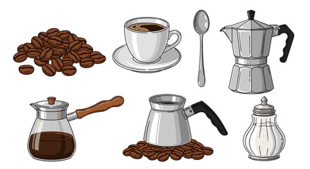 Illustration of coffee beans cup spoon moka pot cezve and sugar dispenser in a detailed arrangement