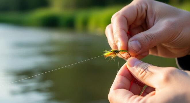Close up of skilled angler tying colorful fly bait on fishing line by calm riverside, preparing for relaxing outdoor fishing activity in nature during bright sunny day