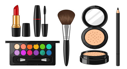 Illustration of a makeup set featuring lipstick mascara eyeshadow brush powder and eyeliner pencil items