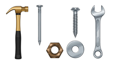 Illustration showcasing a hammer, nail, screw, nut, washer, and wrench arranged on a white background