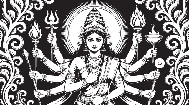 Illustrative black and white depiction of the hindu goddess durga holding various weapons and torches