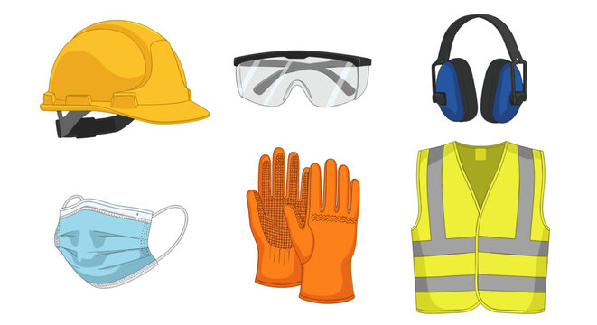 Illustration showing various safety equipment including a hard hat and safety vest and other items