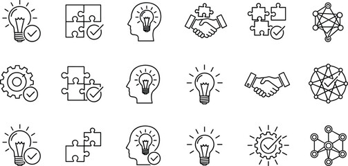 Creative teamwork icon set, innovation puzzle bulb solution, collaboration success concept, line art symbols for idea, brain process, partnership, and network growth illustration