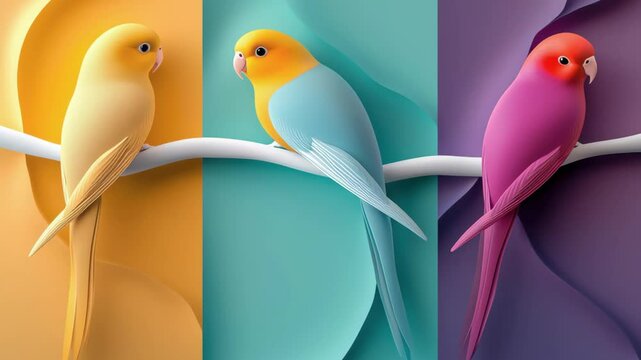 Vibrant living triptych featuring three cute multicolour love birds perched together, perfect for creative nature and avian themed artwork.