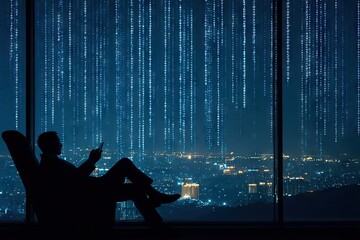 Silhouette of a man in a chair at night, overlooking a city, with digital code falling from the window