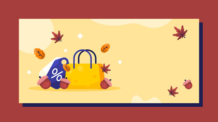 an autumn sale concept banner. special promotions and offers in autumn. illustration of shopping bags with discount labels and fallen leaves. acorns. horizontal orange background. flat style
