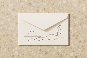 Closed envelope with minimalist nature line drawing on terrazzo background, eco stationery branding mockup