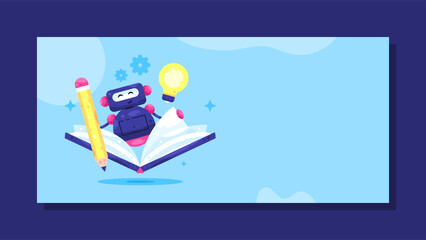 a learning assistant concept banner. learning services and support. artificial intelligence technology for education and knowledge. illustration of a robot reading a book. horizontal blue background