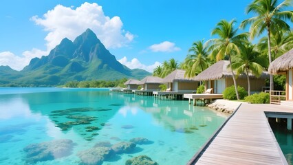 Luxury Tropical Resort Overwater Bungalows with Mountain View &ndash; Paradise Island Travel Concept