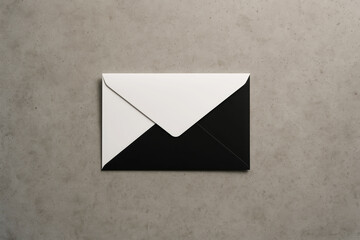Closed black and white envelope on grey concrete background, minimal stationery branding mockup with geometric contrast