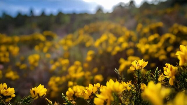 Blurred field of bright yellow gorse flowers blossoming on thorny branches under soft daylight in a rural outdoor environment.