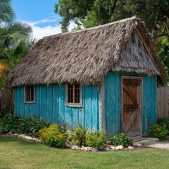 Quaint teal thatch roofed cottage in tropical setting