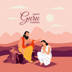 Happy Guru Purnima Indian festival celebration background design with characters of guru and shishya. Teacher giving blessings to student.