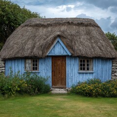 Quaint blue thatched roof cottage in ireland