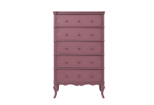  Tall narrow chest of drawers in mauve pink with five slim drawers and elegant tapered legs, vertical form isolated on white.

