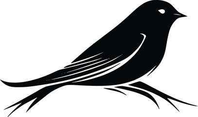 Black bird silhouette perched on branch, vector illustration, minimalist design, simple graphic, wildlife art, nature symbol, editable vector artwork, elegant