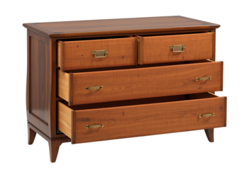  Autumn-inspired rosewood dresser with bronze handles and soft orange fabric drawer liners, fall palette isolated on white.

