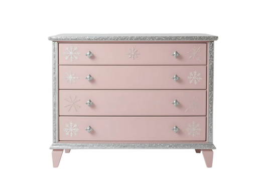  Wintery matte pale pink chest of drawers with silver frosted trim and snowflake etching, holiday-ready styling on white background.

