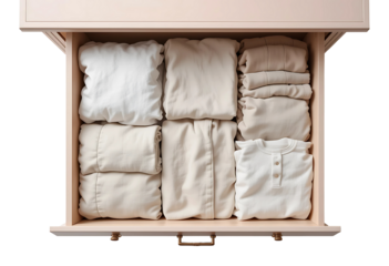 Top-down view of an open blush drawer revealing neatly folded linen clothes and felt-lined compartments, isolated on a seamless white background.