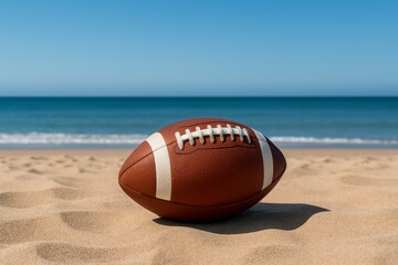 American football ball on sandy beach with ocean in background under clear blue sky, summer sport and vacation concept