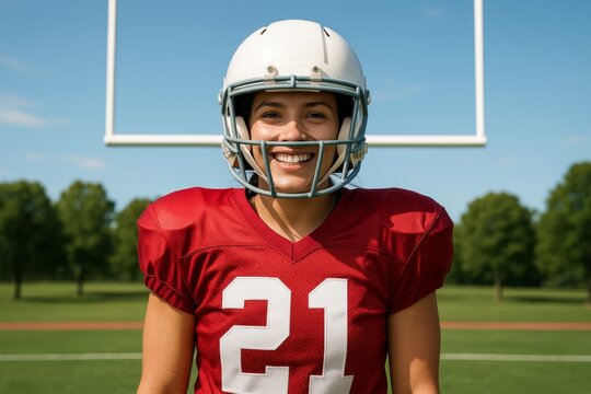 Smiling female American football player wearing helmet and red jersey standing on field in front of goal post