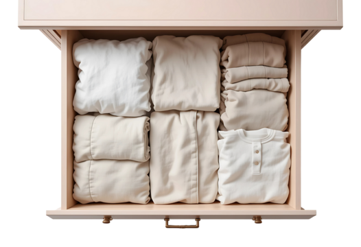  Top-down view of an open blush drawer revealing neatly folded linen clothes and felt-lined compartments, isolated on a seamless white background.

 - Powered by Adobe