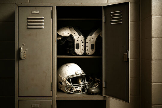 American football gear including helmet, shoulder pads, and cleats stored inside open metal locker in locker room