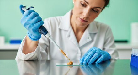 Focused scientist in white lab coat uses pipette to transfer peanut butter sample onto microscope slide for food safety research in modern laboratory environment