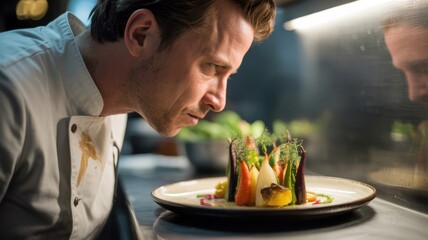 Male chef focusing on exquisite dish presentation in professional kitchen