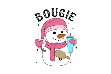  Bougie Snowman Holding Iced Coffee –  Cute snowman wearing pink accessories and holding a blue tumbler cup Christmas sublimation Design