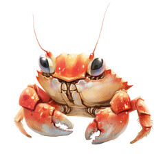 A colorful watercolor illustration of a crab with orange and white shell. The crab has large eyes and prominent claws, set against a transparent background PNG.