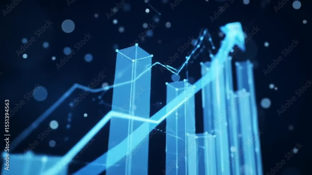 Poster abstract blue business growth graph with arrow on dark bokeh background and wireframe network effect