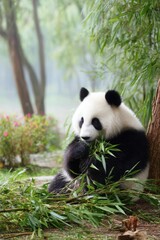 Obraz premium Adorable Giant Panda Feeding on Bamboo Outdoors in a Lush Setting