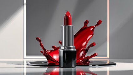  image of a vibrant red lipstick standing upright with a dramatic splash of red liquid  