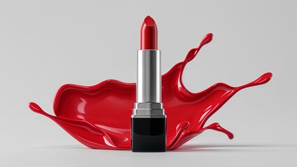  image of a vibrant red lipstick standing upright with a dramatic splash of red liquid  