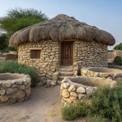 Traditional stone hut with thatched roof in arid landscape