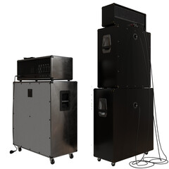 A studio shot shows two vertically stacked guitar amplifier cabinets. The silver cabinet has a metallic texture and sits on casters. The black cabinets are taller and speaker grilles. 