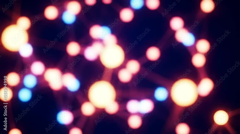 Wall mural blurred abstract network of red blue and yellow circular nodes with lines on dark background creates