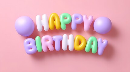 Colorful 'Happy Birthday' text with balloons on a pink background