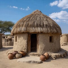 Traditional mud hut with thatched roof in arid landscape